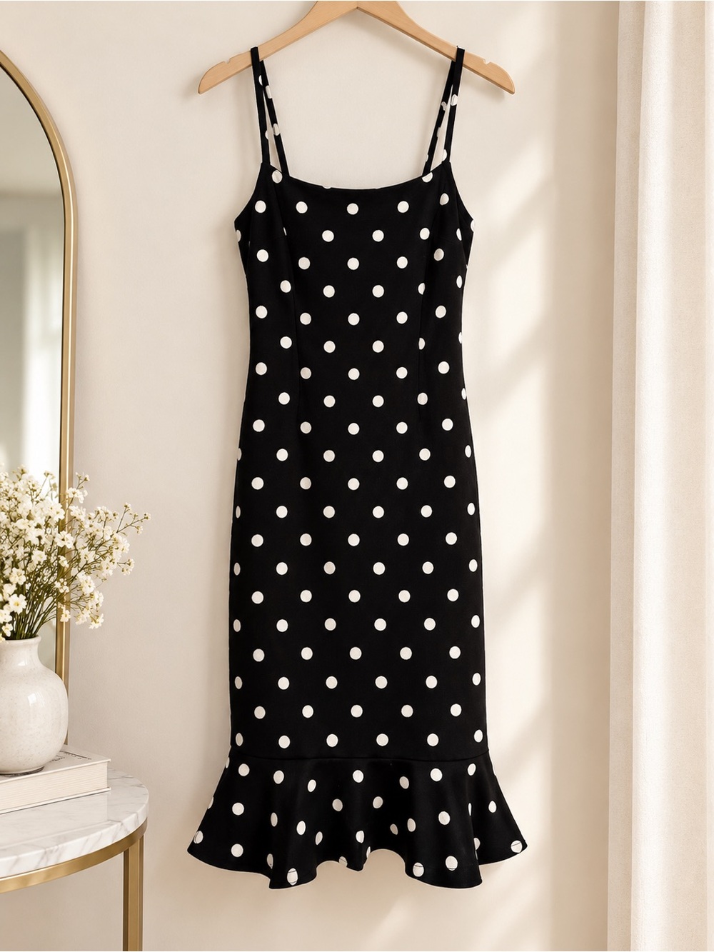 Black Polka Dot Slip Dress with Ruffle Hem